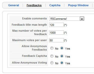 RSFeedback! backend settings RSFeedback! backend settings